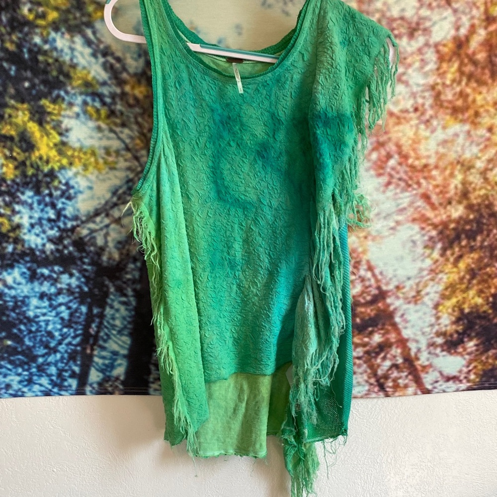 Free People green/Teal sleeveless hi low Fringe Tunic like new - Picture 15 of 15